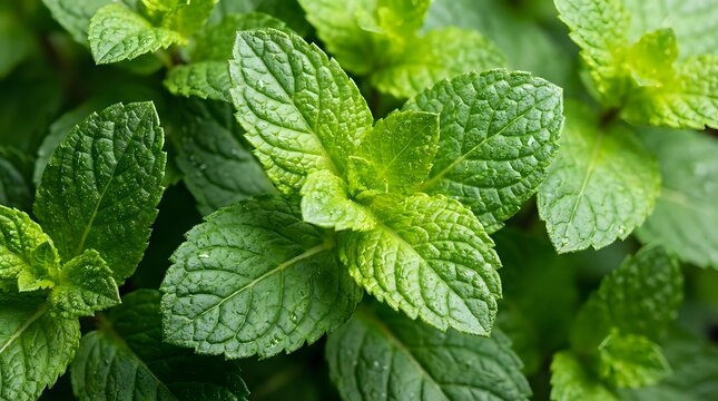 Fresh green mint leaves with detailed texture and veins, aromatic herb for cooking, tea, cocktails and natural remedies in organic garden setting.