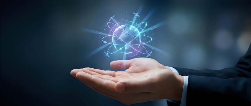 Businessman hand holding glowing atomic structure with electrons orbiting nucleus representing science, physics, chemistry, innovation and molecular research concepts.