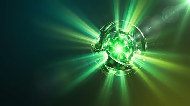 Futuristic green energy core with bright radiating light beams and glowing effects for sci-fi technology backgrounds and digital art projects.