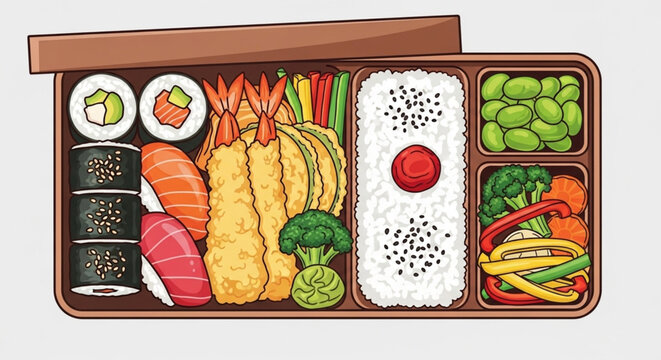 Japanese Bento Box Illustration with Sushi, Tempura, and Rice
