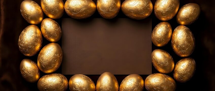Golden eggs arranged in rectangular frame on brown background creating elegant border for Easter holiday celebrations and luxury design projects.