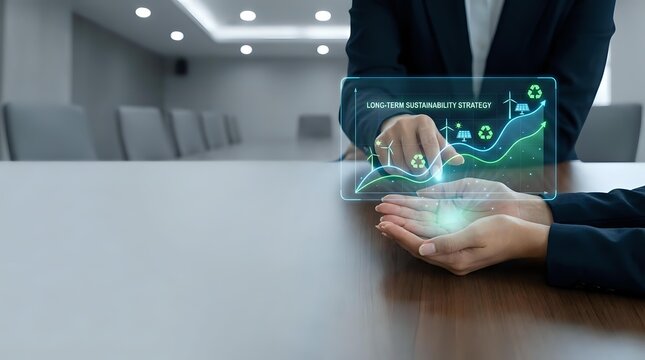 Business professional presenting holographic sustainability portfolio interface with green energy icons in modern conference room for corporate presentations.