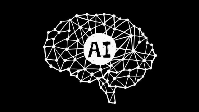 Wiggly hand-drawn AI neural network brain tech icon on transparent background   