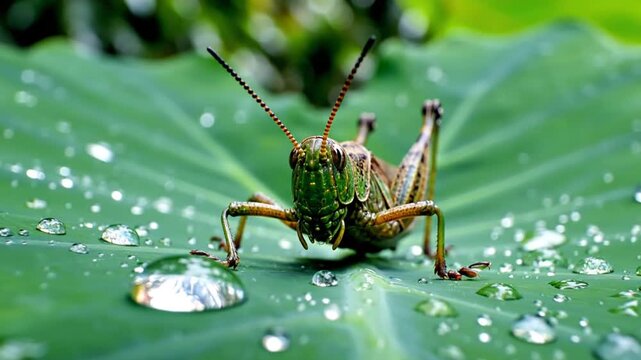 Closeup of a grasshopper resting on a green leaf covered in droplets of water in natural setting
