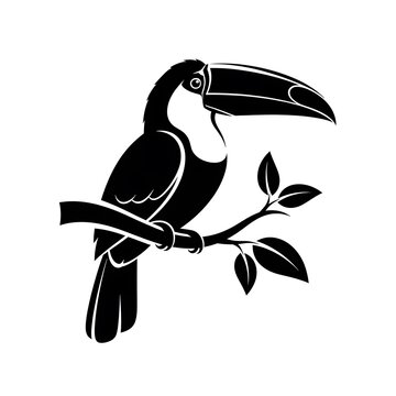 A colorful exotic toucan with a bright yellow and orange beak perches on a tropical rainforest branch amidst the wild jungle nature of Brazil