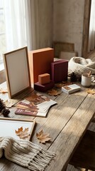 Obraz premium Cozy autumn workspace with colorful gift boxes, knitted blanket, coffee cup and fall leaves on rustic wooden table by window for seasonal branding projects.