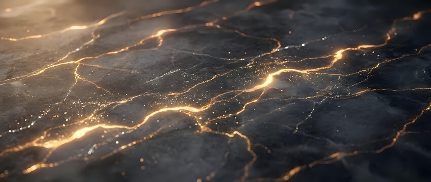 Abstract golden lightning network spreading across dark textured surface with glowing electrical pathways and sparkling energy particles for technology backgrounds.