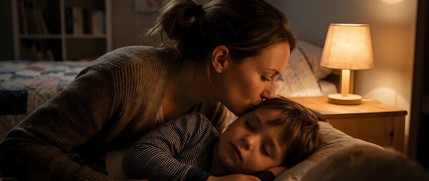 Young mother kissing sleeping child goodnight in cozy bedroom with warm lamp light. Tender bedtime moment showing parental love and care at home.