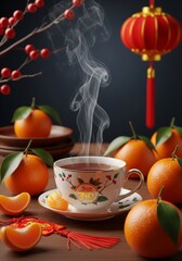 Fototapeta premium Elegant Hot Tea with Tangerines and Chinese Lanterns Still Life