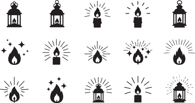 Black and white lanterns with candle flame icons set