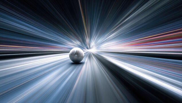 A silver sphere rests amid light streaks radiating from a central vanishing point