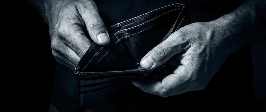Empty wallet in hands showing financial hardship and economic struggle concept for bankruptcy and poverty awareness.