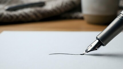 Fototapeta premium Black fountain pen drawing elegant line on white paper with blurred newspaper and coffee cup creating professional writing atmosphere for business documents.
