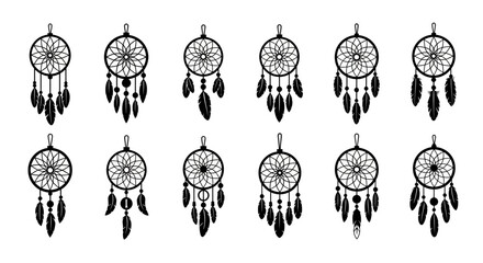 Dreamcatcher icons, bohemian vector set, 10 black and white dream catchers, feather charms