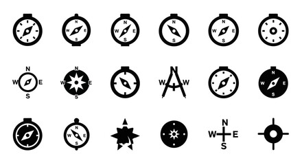 A curated collection of diverse compass icons, showcasing various designs for navigation, direction, and exploration, perfect for travel and adventure themes © John