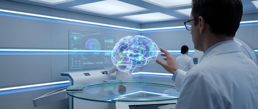 Male scientist analyzing holographic brain model in futuristic medical laboratory with advanced technology interface for neuroscience research and diagnosis.