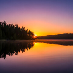 Obraz premium Sunrise over tranquil lake, reflecting vibrant colors of orange, purple sky on calm water. Forest silhouette catches golden light, a picturesque natural scene