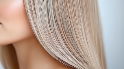 Fototapeta premium Close-up of woman's healthy straight blonde hair with natural highlights showing smooth texture and shine for beauty and haircare concepts.