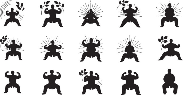 Martial arts silhouettes in various fighting poses and stances