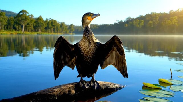 Magnificent cormorant drying its wings after a swim, basking in the sun on a log in a serene lake scene