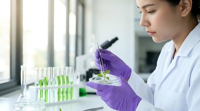 Young female scientist in white lab coat and purple gloves examining plant sample with tweezers in modern laboratory for botanical research and biotechnology studies.
