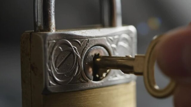 Close up view of a golden padlock with a key opening the lock with audible sound effects