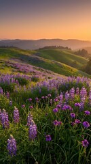 Fototapeta premium Purple lupine wildflowers bloom across rolling green hills at golden hour sunset with mountain silhouettes creating serene pastoral landscape for nature photography.