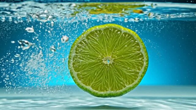 Bright slice of lime falling into water creating bubbles and splashing against a blue background, slow motion