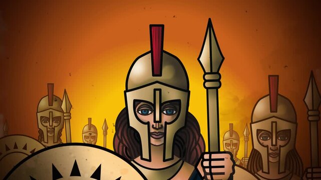 greek amazon warriors marching with shields and spears