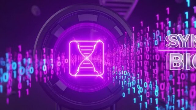 DNA helix in futuristic digital interface with neon purple and blue lighting for biotechnology research.