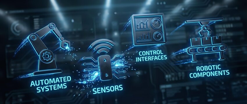 Industrial automation concept with robotic arm, sensors, control interfaces and digital connectivity icons on dark technological background.