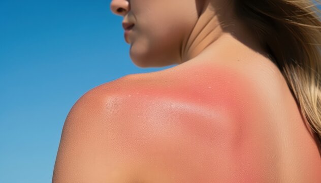 Sunburn on Skin: Close-up of a person's sunburned skin, vividly illustrating the effects of prolonged sun exposure on the shoulder and back.