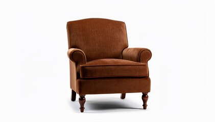 Fototapeta premium Classic Brown Armchair: A comfortable and inviting brown armchair with soft cushions, curved armrests, and elegant wooden legs. Perfect for relaxation and adding a touch of classic style to any room.