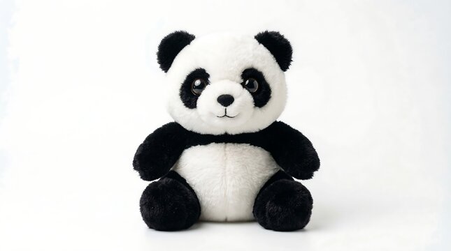 Adorable panda bear plush toy sitting on white background