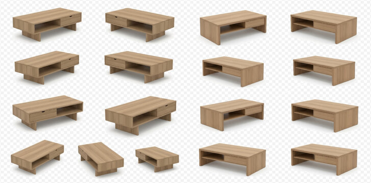 Set of wooden coffee tables with storage, modern furniture for living room interior design, isolated on transparent background.