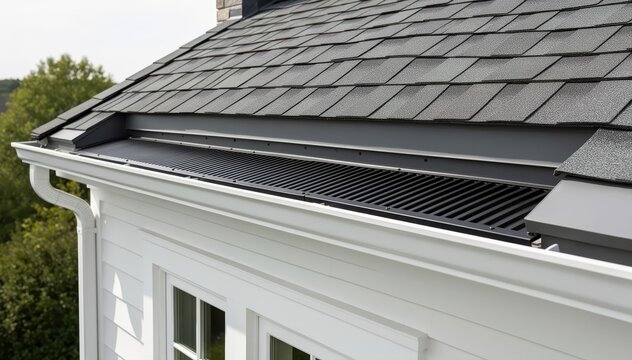 Gutter and Roof: A close-up view showcasing the intricate details of a residential roof's gutter and roof structure, highlighting the design and functionality.