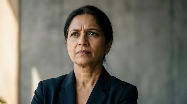 Serious middle-aged South Asian businesswoman in dark suit with concerned expression in modern office environment for corporate communications.