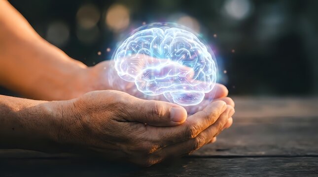 Hands gently holding glowing digital brain hologram with neural networks, representing artificial intelligence, mental health, innovation and futuristic technology.