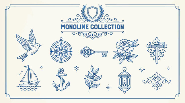 Monoline Collection of Vintage Nautical and Nature-Inspired Emblems.