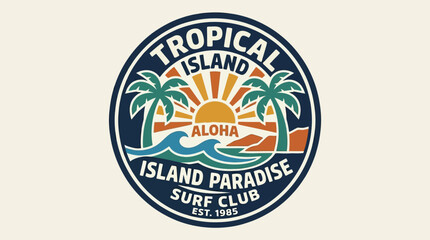 Tropical Island Paradise Surf Club Logo Design with Palm Trees and Sunset. © xigma