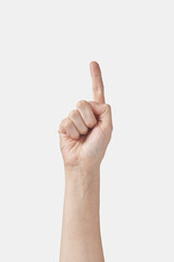 Various human hand gestures and signs isolated on white background, showing communication concepts through pointing and counting.