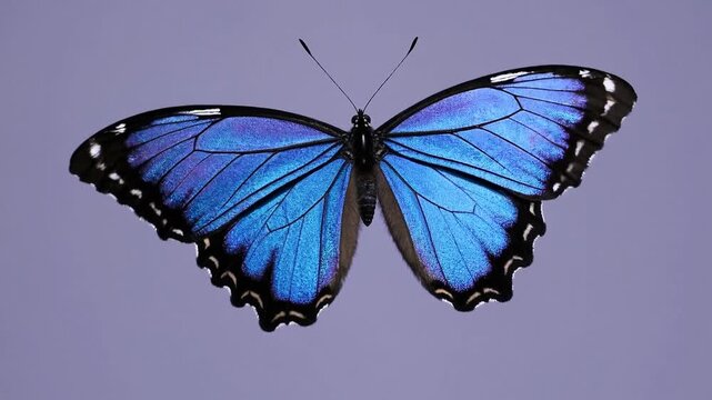 Blue morpho butterfly isolated with wings fully spread showing vibrant iridescent texture and symmetrical natural elegance on neutral background.