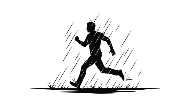 Silhouette of a determined man running vigorously through a heavy downpour facing harsh weather challenges outdoors