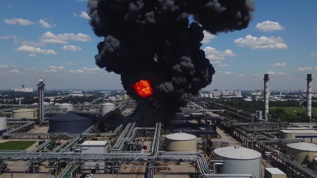 Massive explosion at an oil refinery with black smoke rising above an industrial complex.