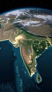 Satellite style view of the indian subcontinent with illuminated borders terrain relief himalayas and surrounding seas from orbit.