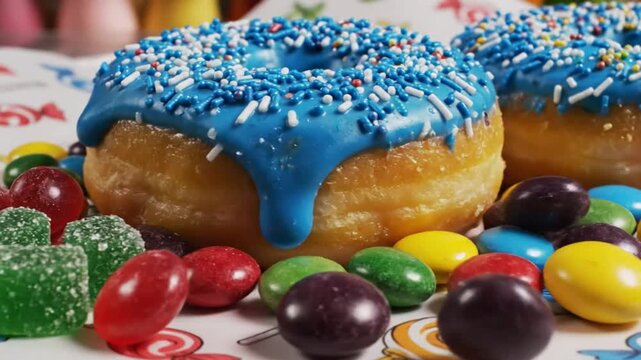 Delicious blue frosted donuts with colorful candy sprinkles, gumdrops, and gumballs, a tempting sweet treat
