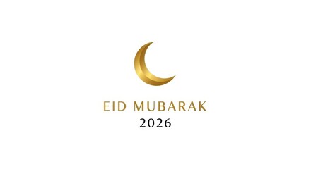 Obraz premium Golden crescent moon Eid Mubarak greeting card in elegant Arabic style with warm lighting on white background for Islamic holiday celebration