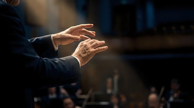 Professional conductor hands directing orchestra performance with dramatic lighting and expressive gestures during classical music concert.