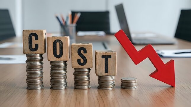 Wooden blocks spelling COST with coin stacks showing decreasing heights and red arrow pointing down, representing expense reduction in office setting.