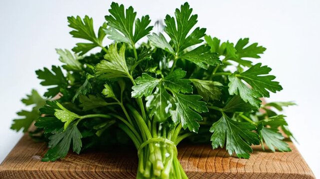 Washing fresh parsley with water drops on a wooden cutting board against a white background for food preparation